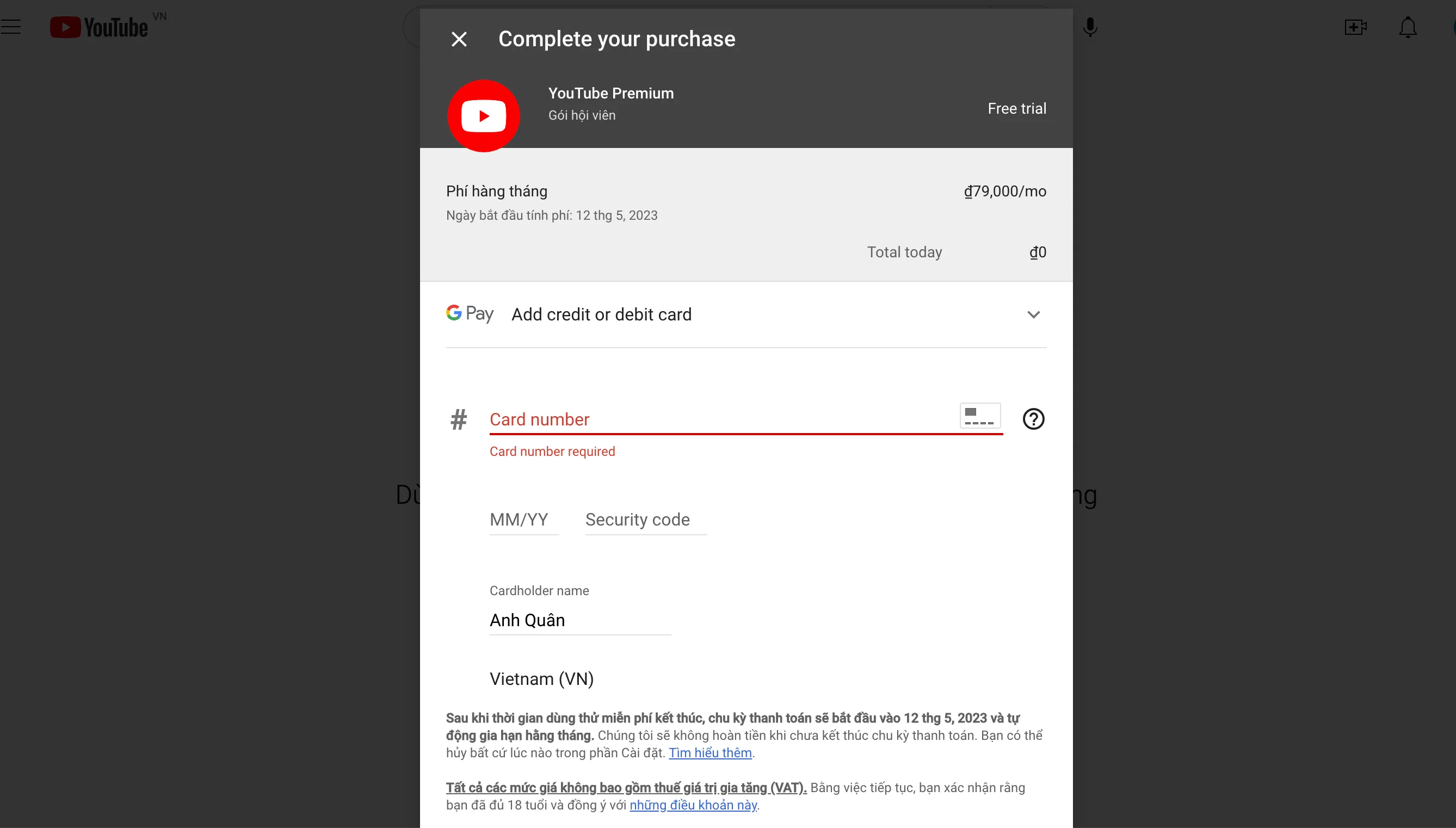 Cách đăng ký YouTube Premium tài khoản Việt Nam