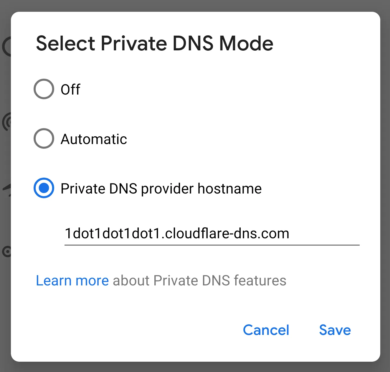 Giao diện thiết lập DNS riêng trên Android